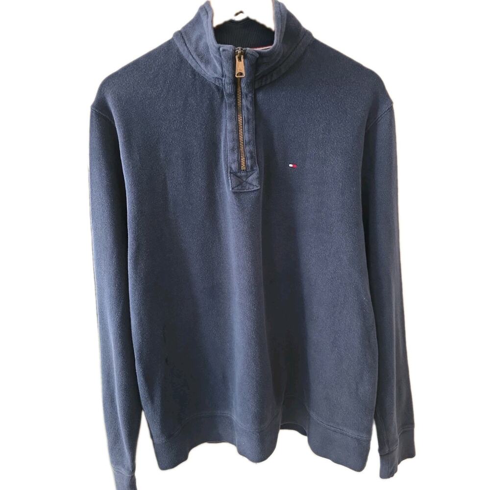 Tommy Hilfiger Men's Quarter-Zip 100% Cotton Pullover Sweater – Navy Blue Size M